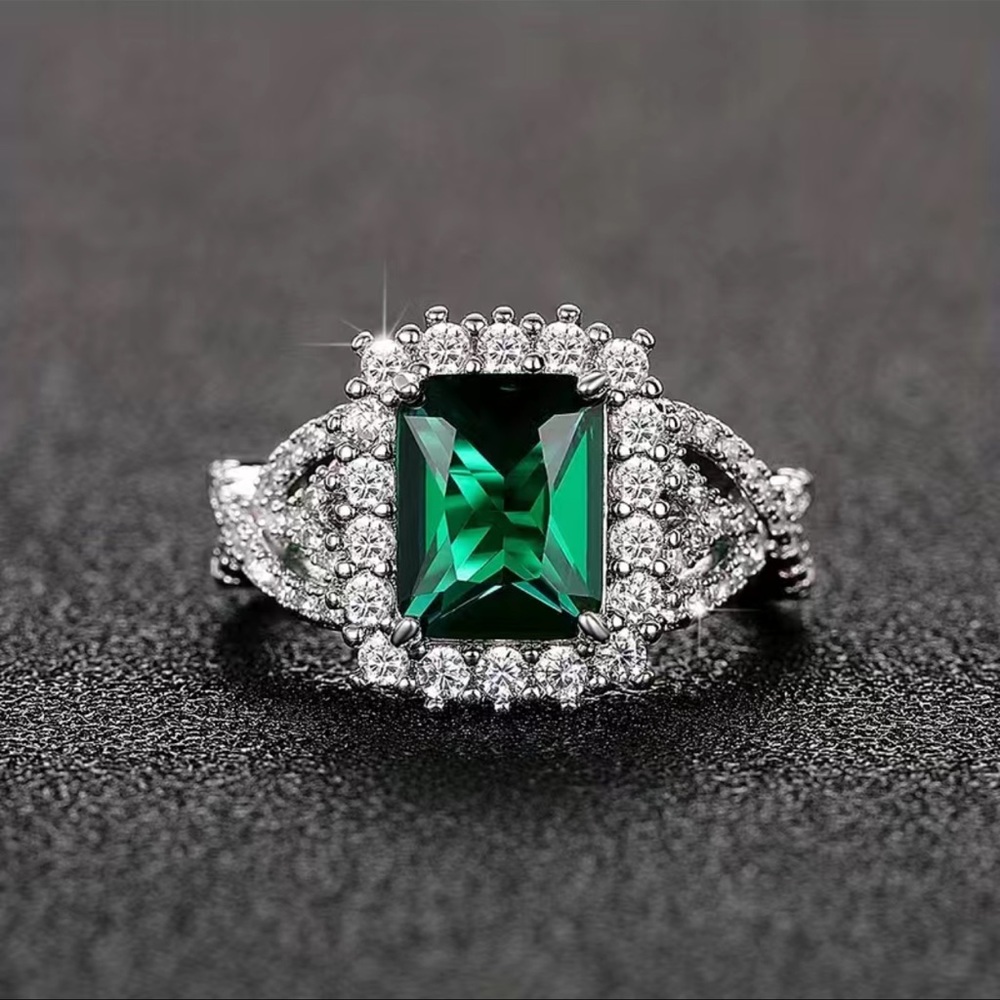 Square Cut Emerald Silver 925 Halo Royal Ring